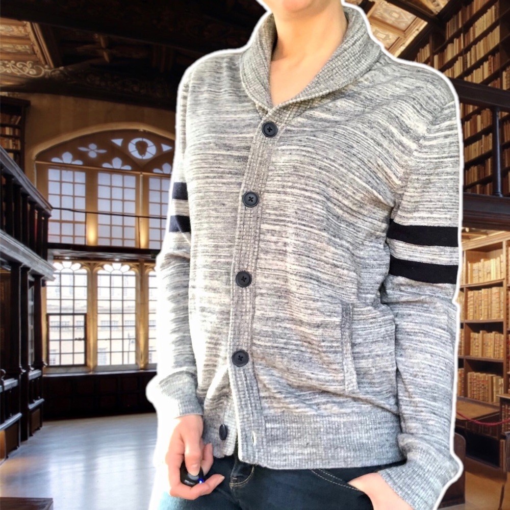 Express Navy Stripe Shawl-Collar Rugby Schoolboy Cardigan, Size M